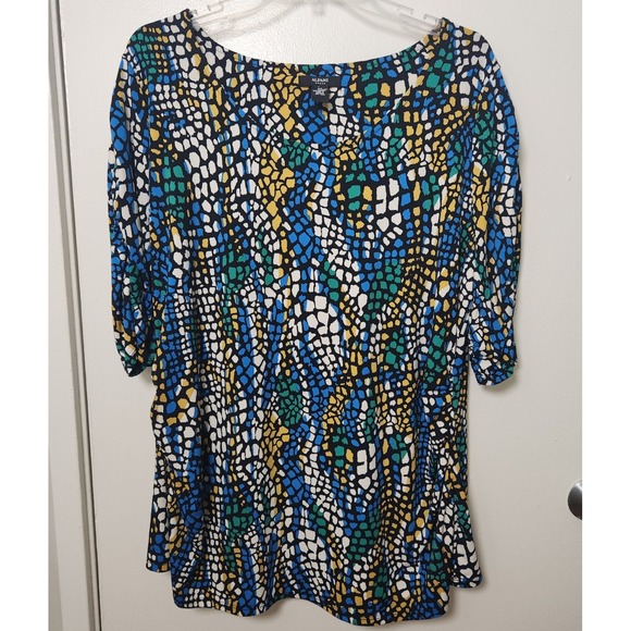 Alfani Tops - Alfani Woman Green Blue Stretchy Ruched Sides & Short Sleeve Blouse 3X Colorful‎